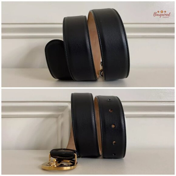 Authentic Gucci Black Calfskin Leather Gold Interlocking G Buckle Belt 80/32 - Picture 8 of 13